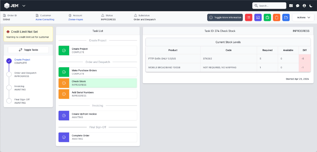 JEM product screenshot: Processing orders